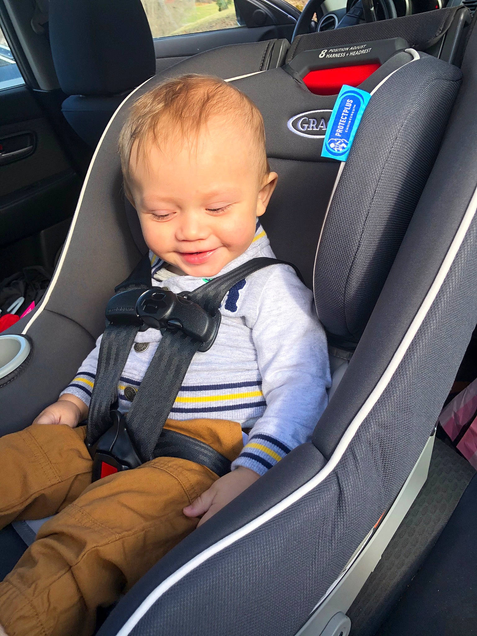 Radley is registered to the contest to win money with this photo: auto_part, baby, baby_carriage, baby_in_car_seat, baby_products, car, car_seat, car_seat_cover, child, family_car, joy, person, product, seat_belt, toddler, vehicle