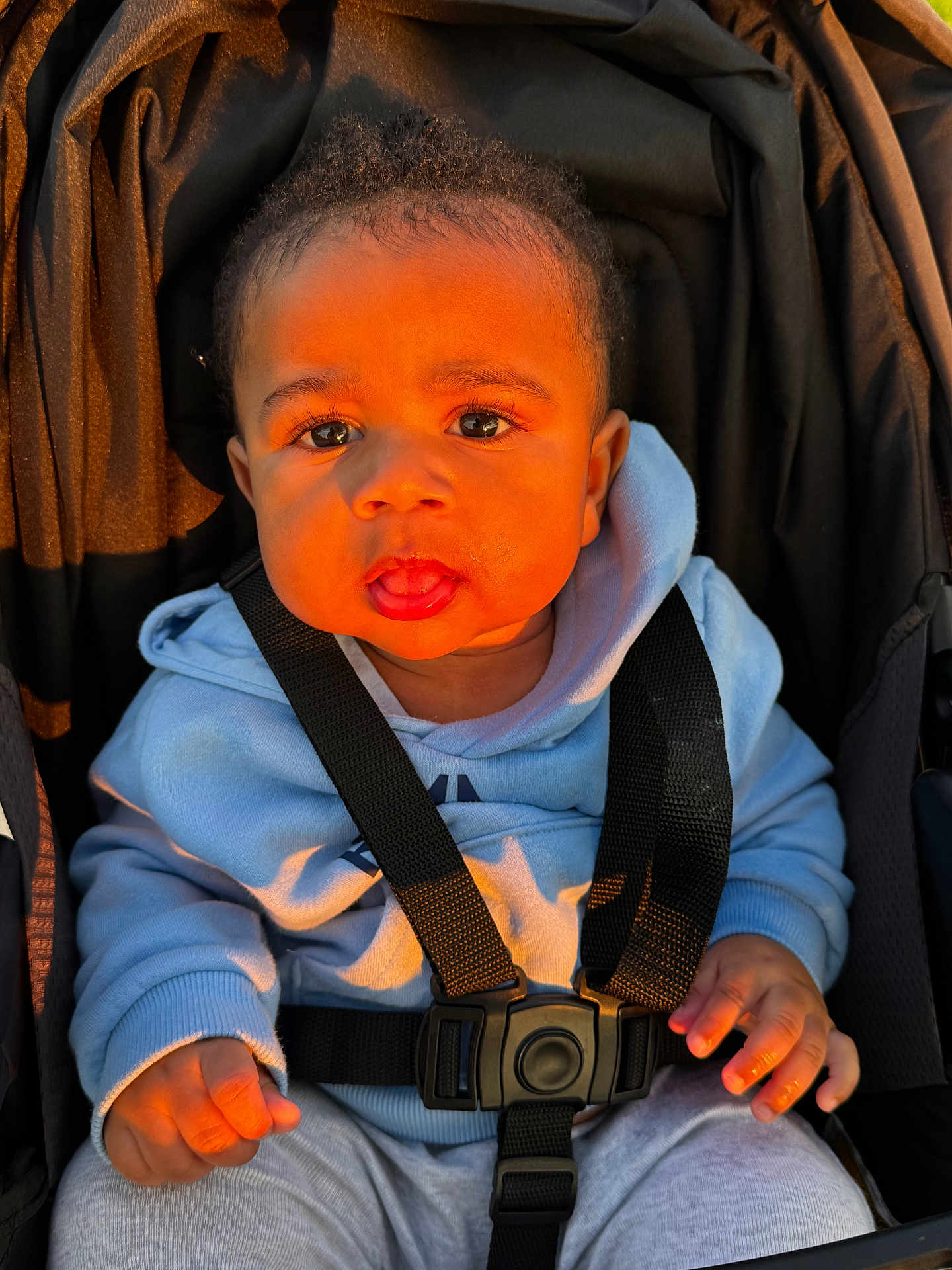 Daniel is registered to the contest to win money with this photo: baby, child, stroller, blue_hoodie, black_straps, curly_hair, cute, infant, seated, sunlight, portrait, face, hands, clothing, casual_wear, outdoor, young_child, expression, warm_light, closeup