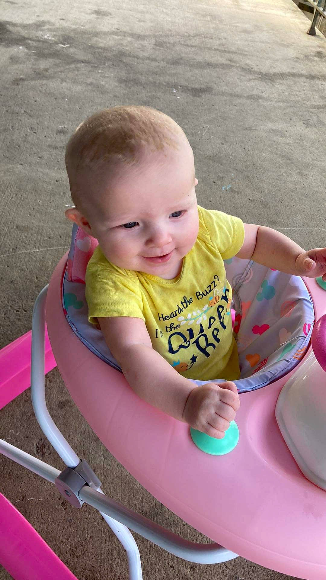 Bailey joined the competition — help win amazing prizes! baby, baby_toddler_clothing, beauty, cheek, child, dishware, eye, fun, grass, happy, leisure, person, pink, product, recreation, sitting, skin, smile, t_shirt, tableware