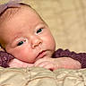 Meilani is registered to the contest to win money with this photo: baby, infant, face, headband, purple, clothing, resting, arms, skin, eyes, portrait, closeup, soft, cute, child, newborn, expression, indoor, blanket, cozy