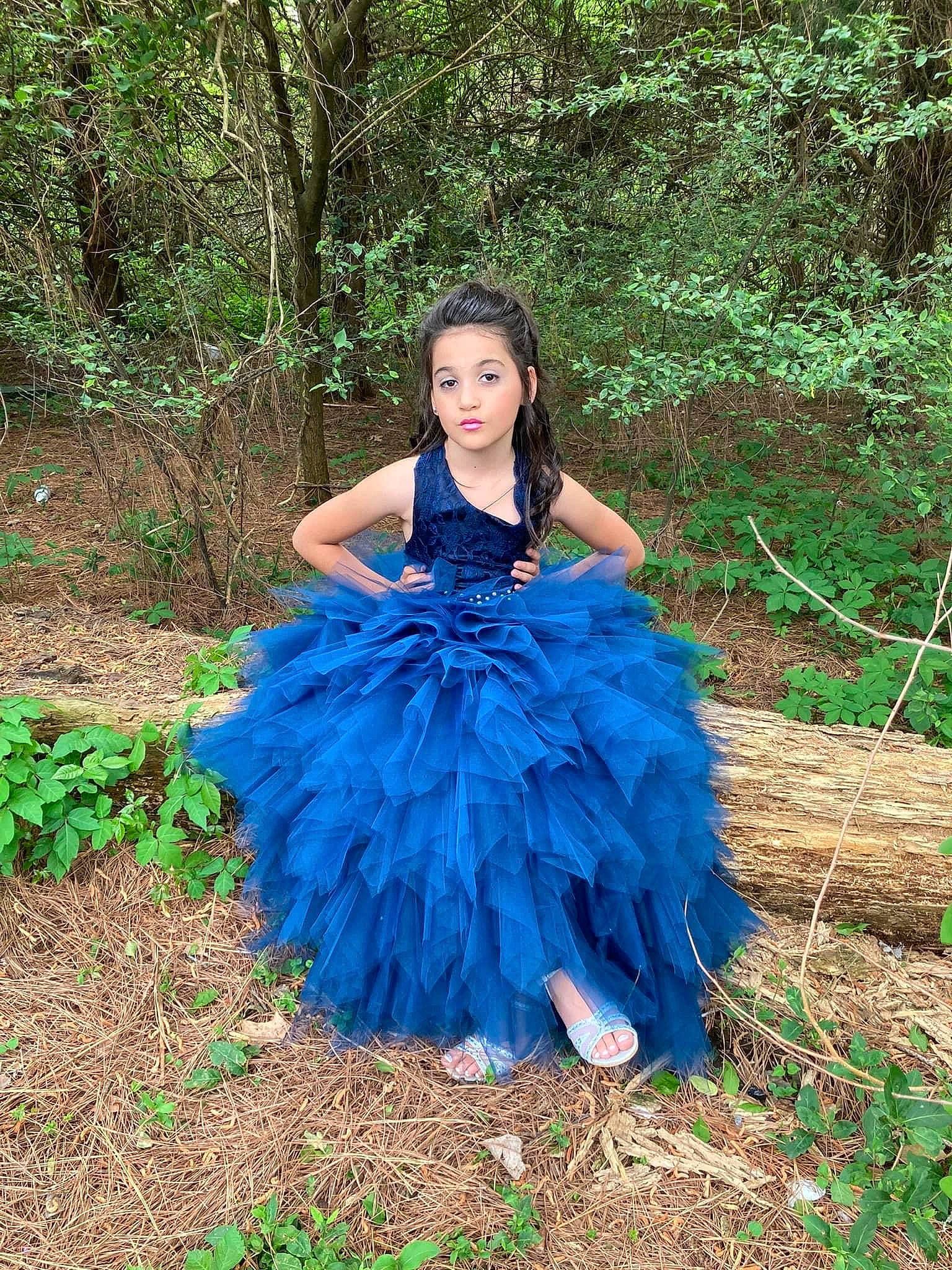 Jasmine joined the competition — help win amazing prizes! bridal_party_dress, day_dress, electric_blue, event, eye, face, forest, formal_wear, gown, grass, happy, natural_environment, nature, one_piece_garment, people_in_nature, person, plant, strapless_dress, tree, trunk