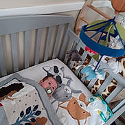 Owen is registered to the contest to win money with this photo: baby, crib, blanket, pacifier, mobile, toy, nursery, sleeping_area, giraffe_pattern, animal_print, child, infant, bed, wooden_crib, soft_toys, tissue_pack, room, indoor, cute, sleep