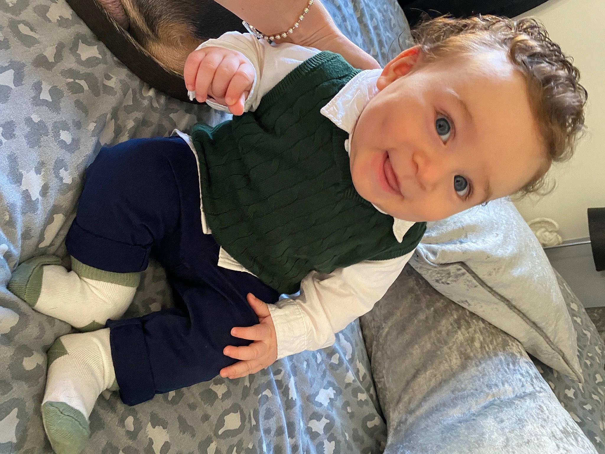 Ernie joined the competition — help win amazing prizes! baby, baby_toddler_clothing, child, comfort, dress, event, facial_expression, fun, gesture, grass, hairstyle, happy, hat, head, human_body, lap, person, skin, smile, toddler