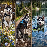 Koda is registered to the contest to win money with this photo: husky, puppy, dog, flower, meadow, rope_toy, forest, mountain_trail, rock, lake, water, swimming, blue_eyes, bow_tie, nature, outdoor, pet, animal, playful, scenic