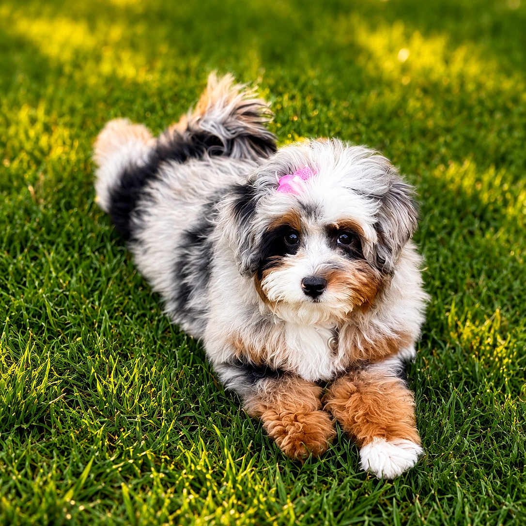 Aspen joined the competition — help win amazing prizes! puppy, dog, grass, outdoor, cute, fluffy, bow, pet, animal, nature, sunlight, greenery, adorable, lying_down, fur, portrait, young, small, friendly, canine