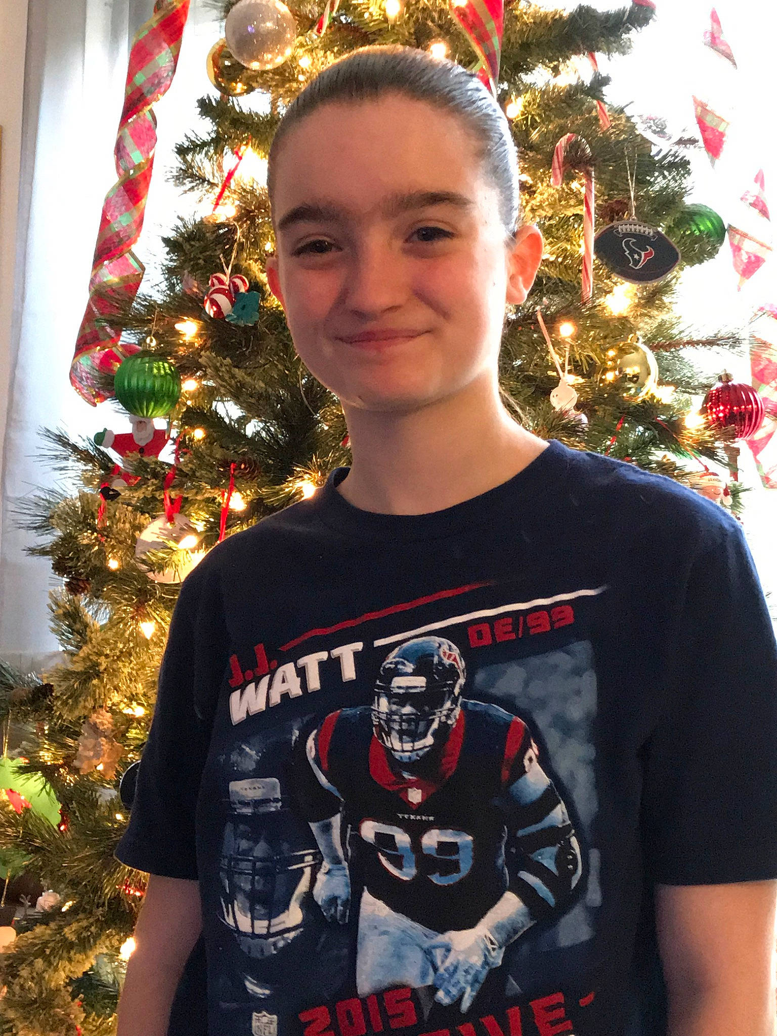 Emily joined the competition — help win amazing prizes! christmas, christmas_decoration, christmas_eve, christmas_ornament, christmas_tree, cool, holiday, joy, person, sleeve, smile, sweater, t_shirt, top, tree