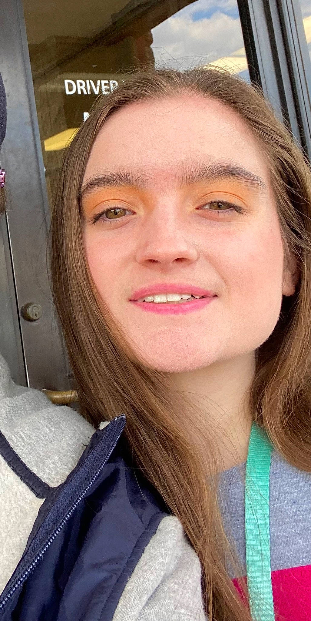 Emily is registered to the contest to win money with this photo: chin, door, eye, eyebrow, eyelash, eyewear, forehead, hair, happy, head, iris, jaw, joy, layered_hair, lip, long_hair, mouth, nose, person, skin