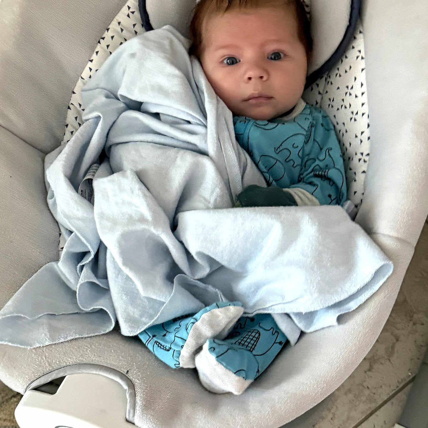 Leon is registered to the contest to win money with this photo: baby, infant, blanket, blue_clothing, baby_rocker, face, head, eyes, expression, floor, tile, footwear, graco_brand, soft_texture, comfort, indoor, child, newborn, person, seated