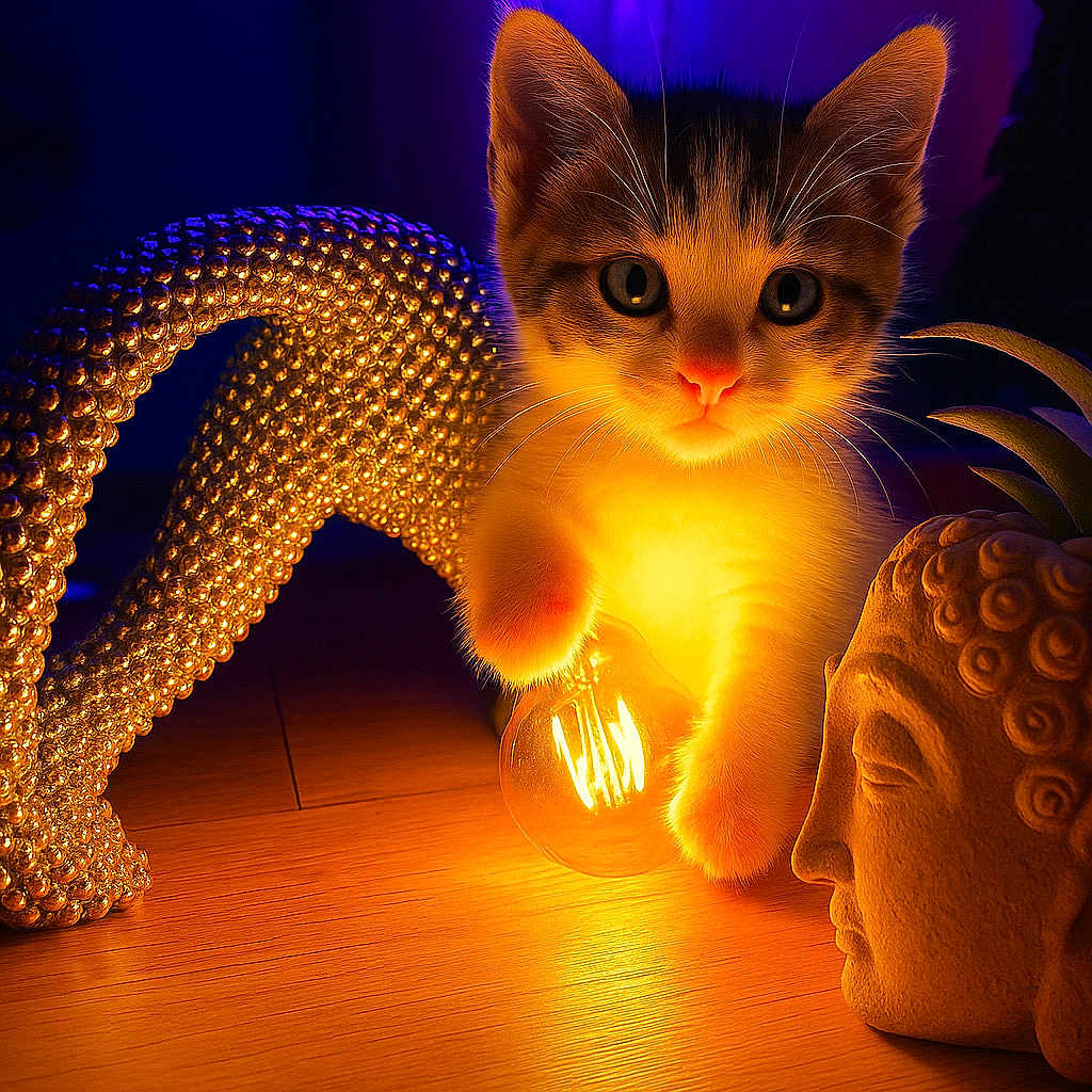 Tsuki a rejoint le concours — aidez-le/la à gagner de superbes lots ! kitten, cat, light_bulb, glowing, golden_light, sculpture, buddha_head, wooden_floor, indoor, curious, paw, decor, statue, artistic, warm_light, close_up, pet, animal, mystical, cozy