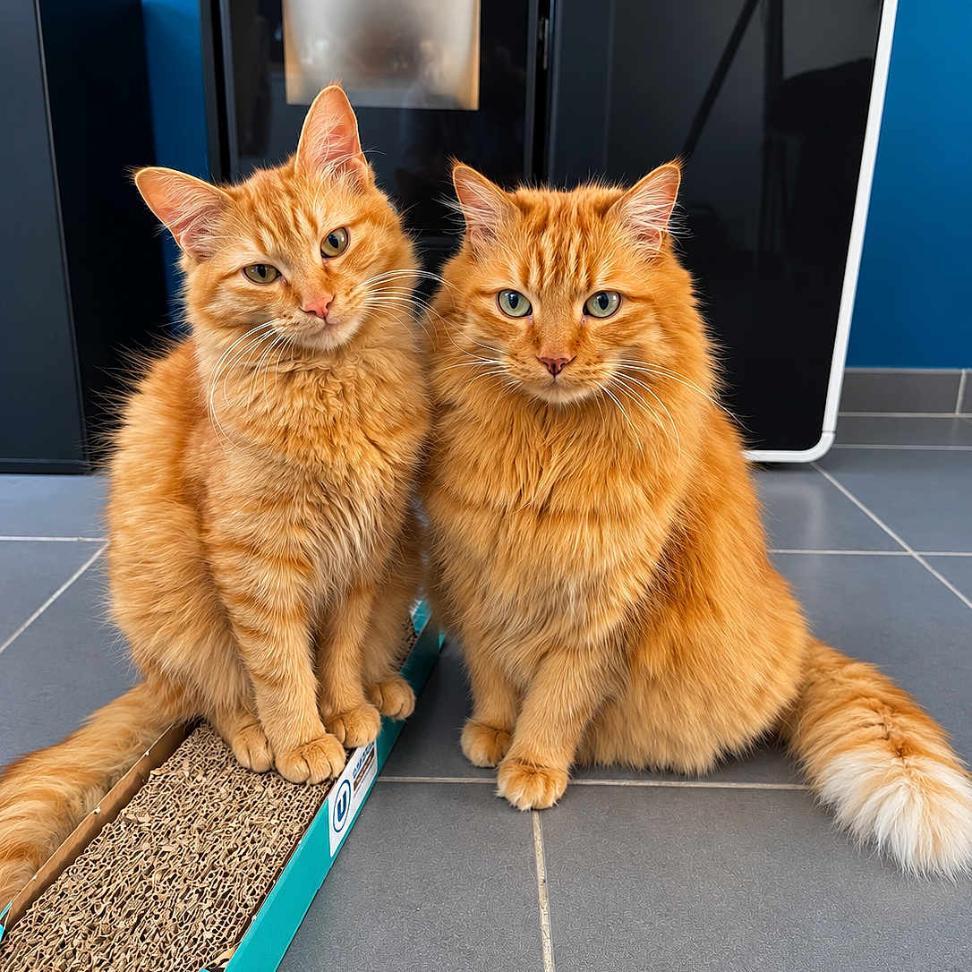 Akimi Et Garfield participe au concours pour gagner de l'argent avec cette photo : cat, orange_cat, fluffy_fur, pets, indoor, floor_tiles, cardboard_scratch_pad, curious, sitting, pair, tail, cute, domestic_cat, feline, whiskers, ears, eyes, home, companions, animal