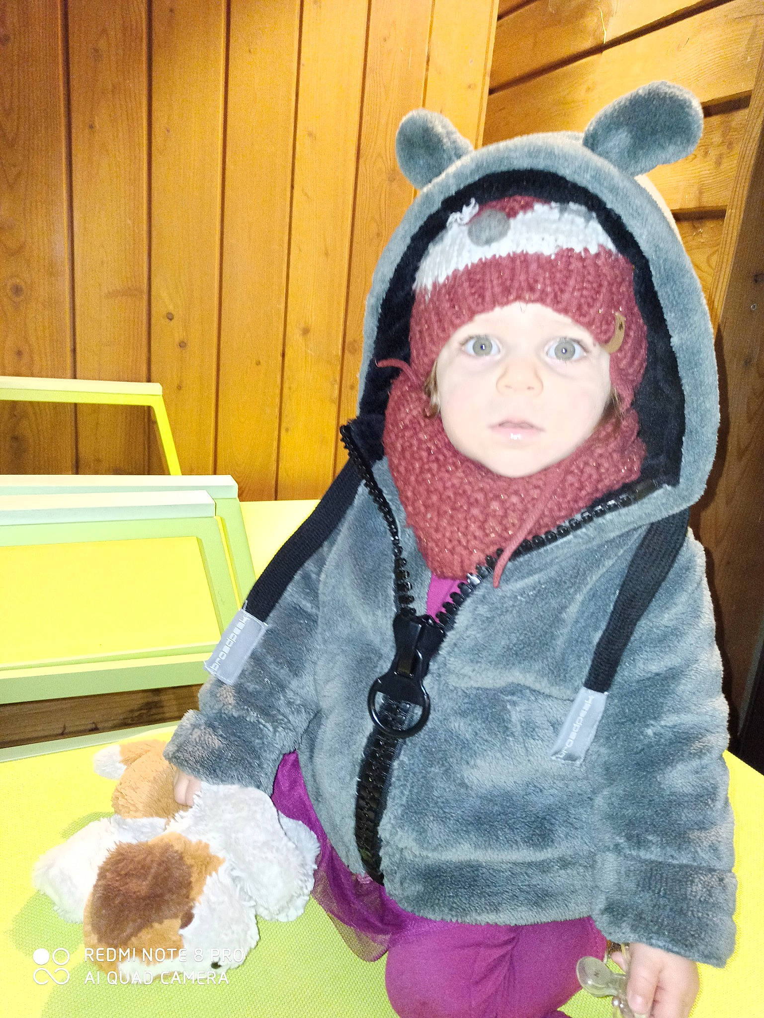 Joan participe au concours pour gagner de l'argent avec cette photo : bonnet, child, ear, fur, headwear, hood, outerwear, person, pink, play, toddler, winter