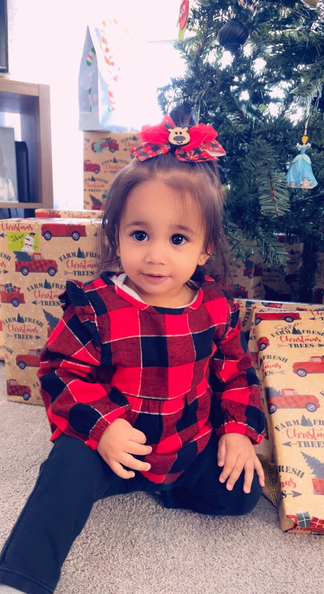 Isabella is registered to the contest to win money with this photo: baby_toddler_clothing, carmine, child, dress, event, fashion, happy, magenta, pattern, person, pink, plaid, plant, red, sitting, skin, sleeve, tartan, toddler, toy
