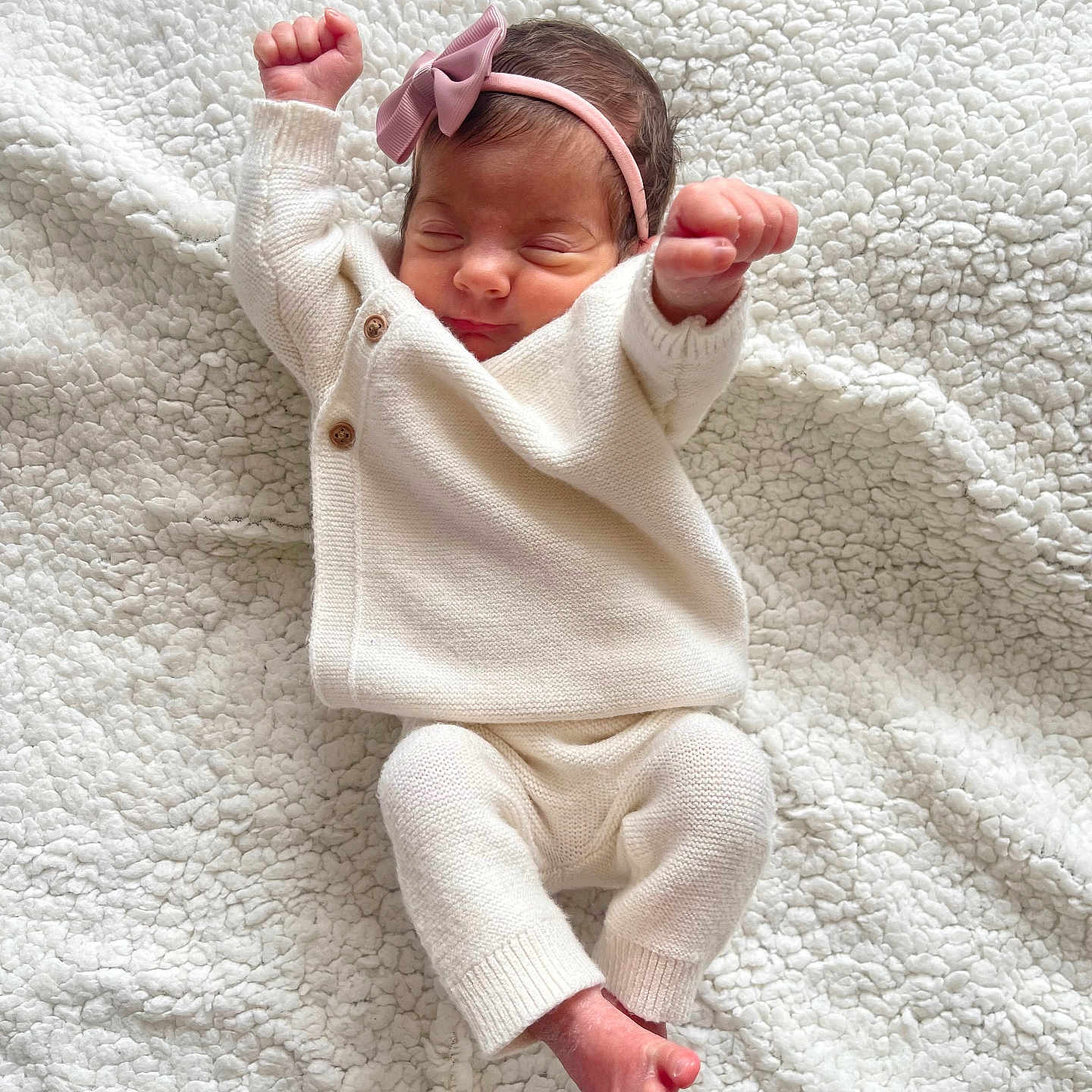 Kiara joined the competition — help win amazing prizes! baby, blanket, child, closeup, cozy, cute, headband, indoors, infant, knitwear, lying_down, newborn, peaceful, pink_bow, portrait, sleeping, soft_texture, tiny_feet, tiny_hands, white_clothing