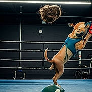 Randolf joined the competition — help win amazing prizes! dog, boxing_ring, toy, blue_vest, balance, ball, indoor, black_background, red_toy, curly_hairpiece, pet, playful, animal, sport, action, rope, training, jump, exercise, funny