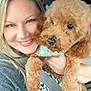 animal, bandana, blonde_hair, car, casual_clothing, closeup, curly_fur, cute, dog, friendly, happy, human, indoor, pet, poodle, portrait, seatbelt, smiling, transportation, woman