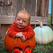 Stetson is registered to the contest to win money with this photo: autumn, baby, child, cute, fall, grass, holiday, infant, nature, orange_clothing, outdoor, playful, portrait, pumpkin, seasonal, sitting, small, smiling, socks, wooden_fence