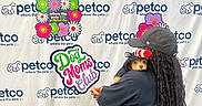 Miso Pinto joined the competition — help win amazing prizes! person, dog, costume, hat, dreadlocks, petco, sign, flowers, banner, event, celebration, cute, small_dog, black_clothing, backdrop, holding, pet, mother's_day, colorful, indoor