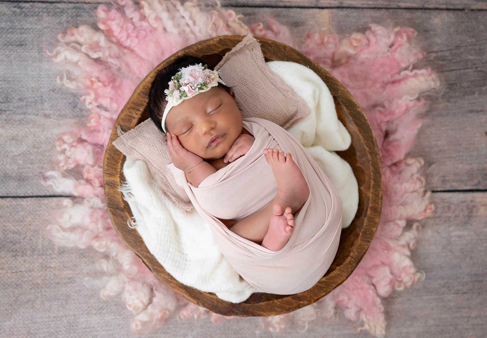 Maiya joined the competition — help win amazing prizes! newborn, baby, sleeping, wrapped, blanket, wooden_bowl, pillow, pink, soft_texture, headband, flower, infant, cute, peaceful, resting, cozy, portrait, indoor, skin, feet