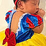 baby, sleeping, infant, child, costume, dress, headband, bow, yellow, red, blue, tutu, cute, face, hand, skin, newborn, portrait, peaceful, indoors