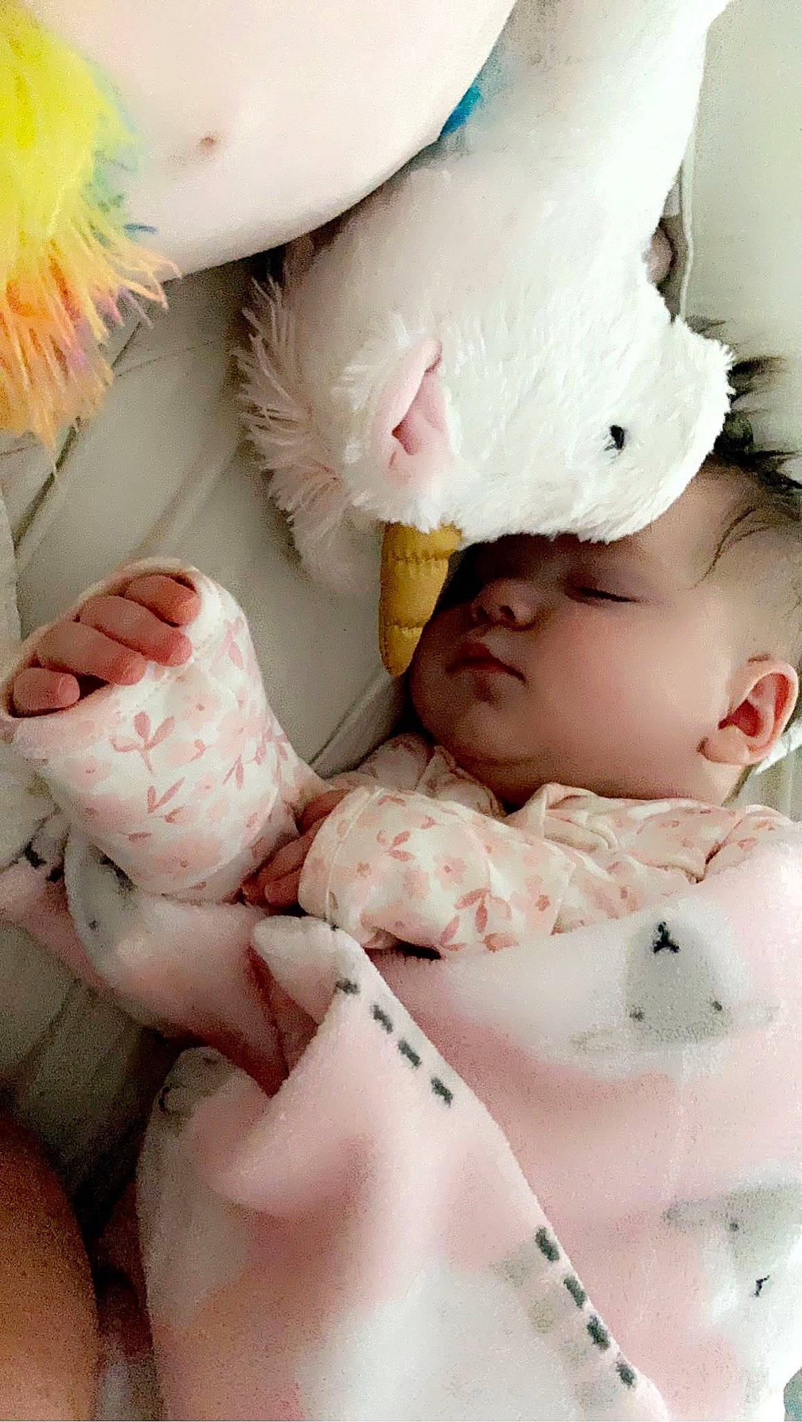 Malia joined the competition — help win amazing prizes! baby, baby_sleeping, barefoot, cap, child, comfort, eye, eyelash, facial_expression, gesture, happy, linens, lip, mouth, person, petal, pink, skin, textile, toddler