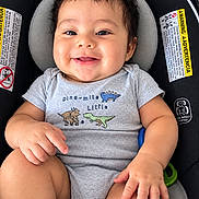 Junior joined the competition — help win amazing prizes! baby, child, infant, smiling, happy, portrait, car_seat, vehicle, dinosaur, onesie, gray_clothing, sitting, indoors, close_up, face, hands, legs, safety_labels, green_toy, photography