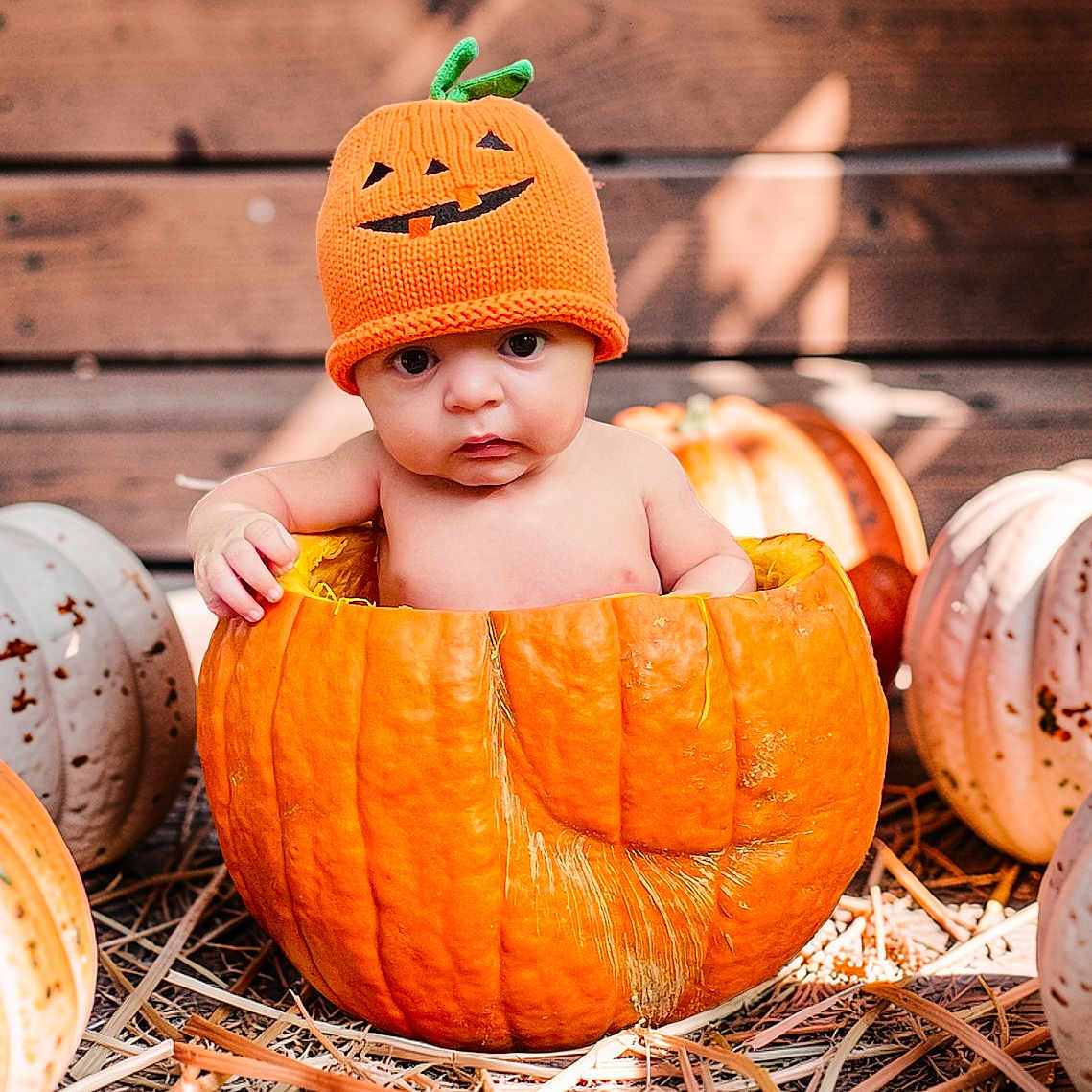 Britduer Gabriel is registered to the contest to win money with this photo: baby, child, infant, pumpkin, halloween, costume, hat, orange, portrait, outdoor, autumn, fall, rustic, wooden_background, straw, farm, seasonal, sitting, wide_eyed, photography