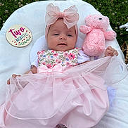 Sophia Griffith is registered to the contest to win money with this photo: baby, infant, pink_dress, headband, bow, teddy_bear, blanket, outdoor, grass, clover, milestone, sign, cute, soft_toy, sleepwear, footwear, portrait, child, two_months, lying