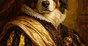 Rosco participe au concours pour gagner de l'argent avec cette photo : dog, portrait, regal, aristocratic_clothing, ceremonial_staff, historical_style, canine, fancy, costume, royal, painting, lace_collar, fur, animal, noble, brown_eyes, black_white_brown_fur, luxury, indoor, decorative