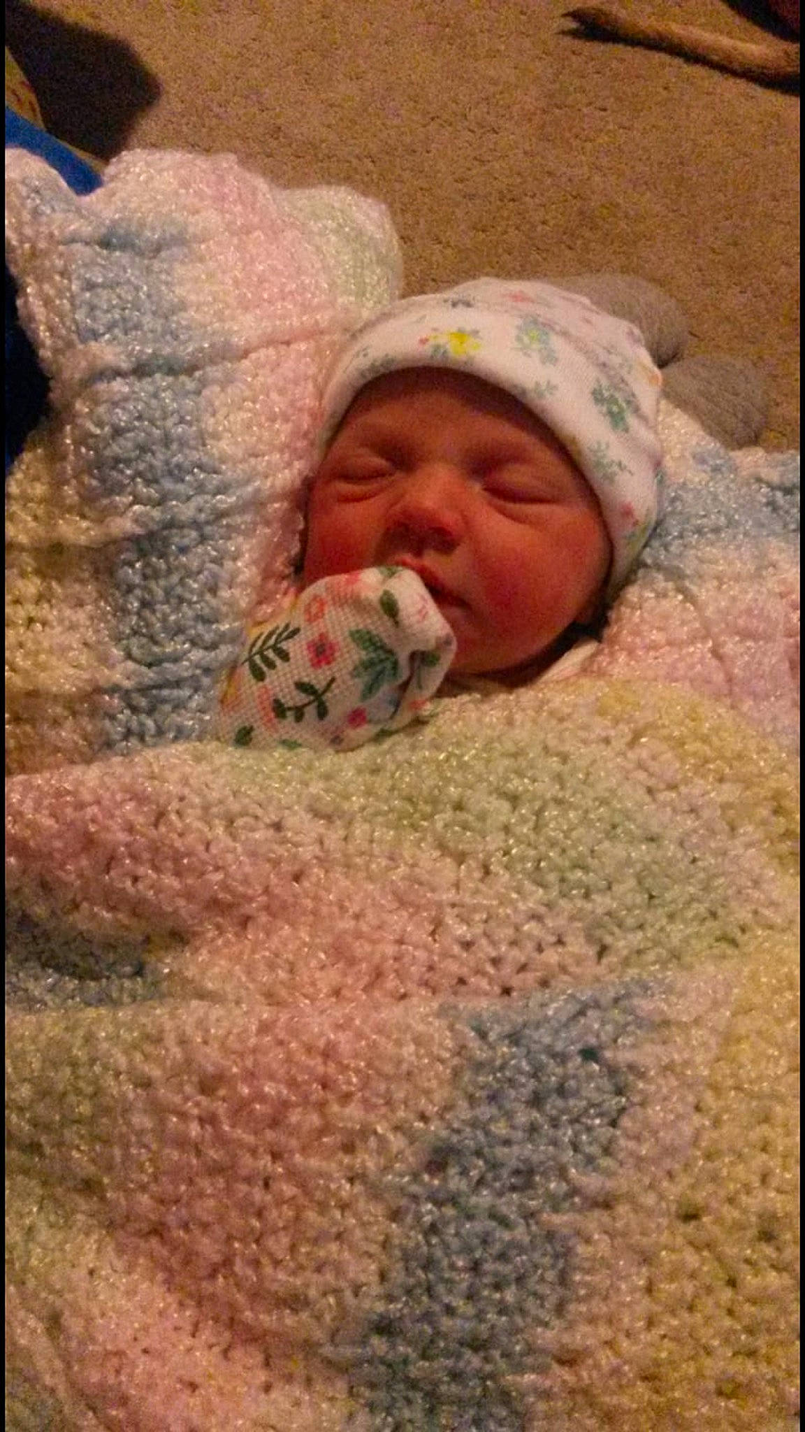 Kendyll is registered to the contest to win money with this photo: child, flooring, headwear, infant, joy, knitting, nap, person, skin, sleep, textile, toddler