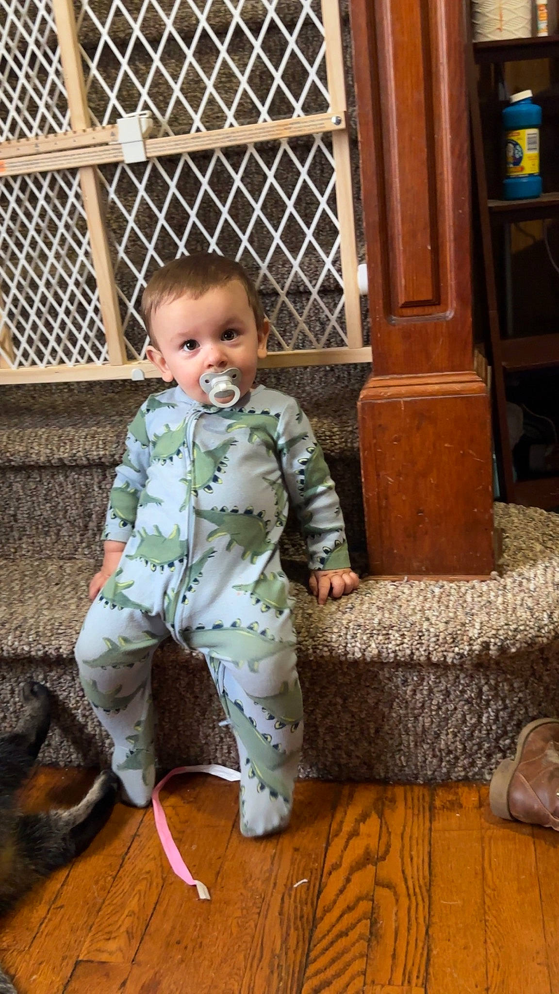 Sawyer joined the competition — help win amazing prizes! baby, baby_products, baby_toddler_clothing, child, comfort, flooring, foot, hairstyle, hardwood, human, nightwear, pattern, person, room, sitting, skin, sleeve, smile, surprise, toddler