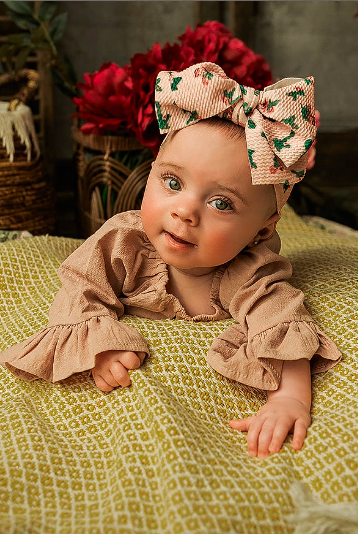 Katherine is registered to the contest to win money with this photo: baby, baby_toddler_clothing, cheek, child, dress, fawn, flooring, flower, grass, headband, headgear, headpiece, headwear, houseplant, linens, person, petal, pink, plant, skin