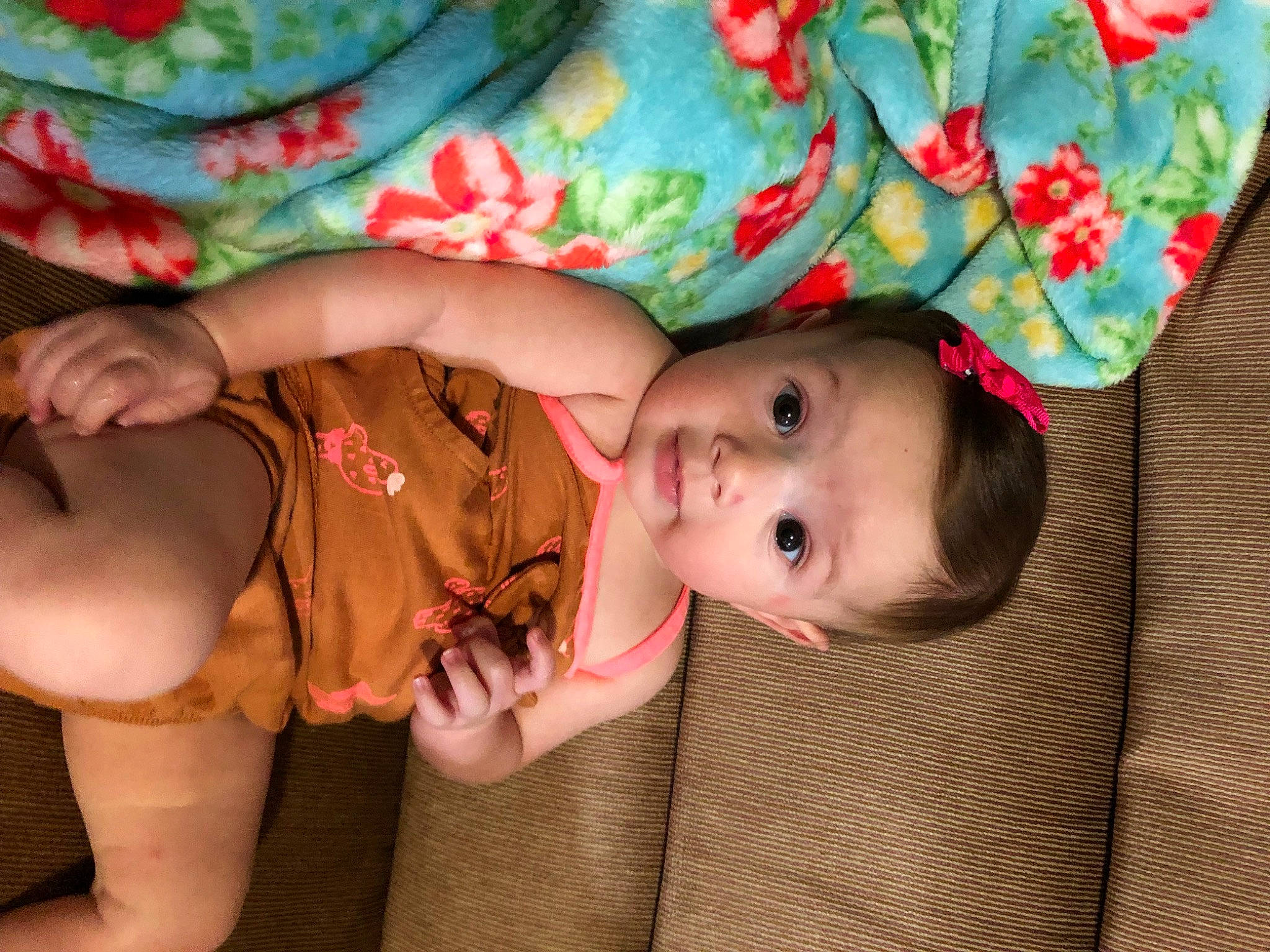 Charlotte is registered to the contest to win money with this photo: baby, baby_products, baby_toddler_clothing, cheek, child, face, facial_expression, happy, head, mouth, pattern, person, pink, product, skin, sleeve, stomach, textile, toddler, tree