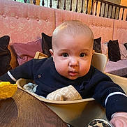 Georges participe au concours pour gagner de l'argent avec cette photo : baby, blanket, cheeks, child, cushion, cute, dining, hand, highchair, indoor, infant, interior, portrait, railing, seat, sofa, sweater, toy, wide_eyes, wooden_table