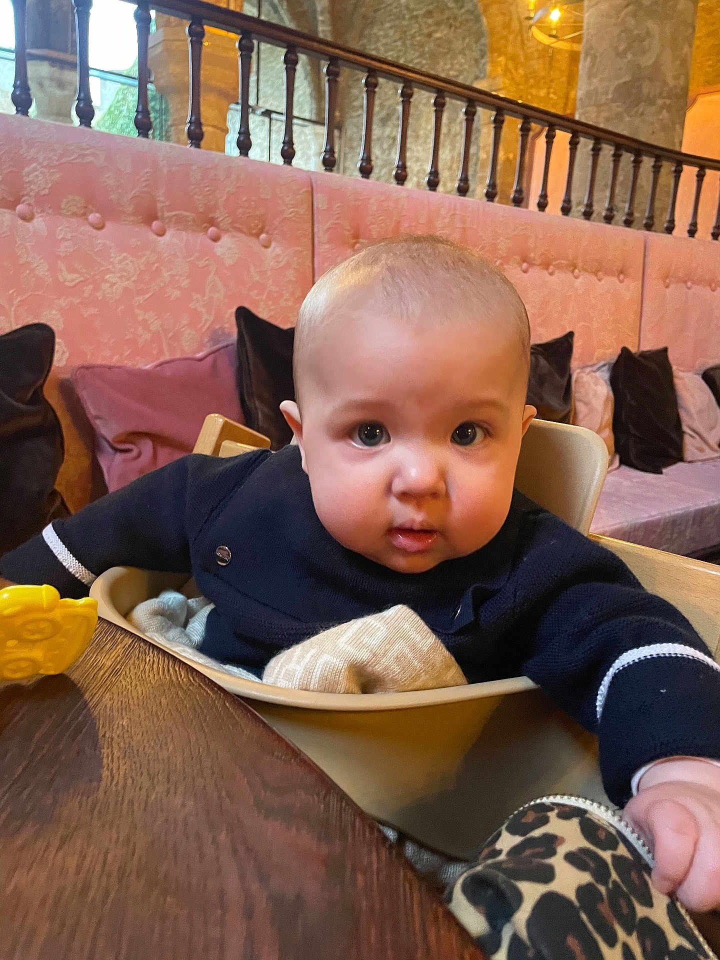 Georges participe au concours pour gagner de l'argent avec cette photo : baby, blanket, cheeks, child, cushion, cute, dining, hand, highchair, indoor, infant, interior, portrait, railing, seat, sofa, sweater, toy, wide_eyes, wooden_table