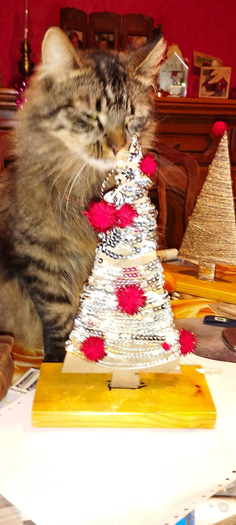 Miaousscley participe au concours pour gagner de l'argent avec cette photo : art, carnivore, cat, domestic_short_haired_cat, event, fawn, felidae, flooring, fur, holiday, linens, pattern, small_to_medium_sized_cats, table, tail, textile, tradition, whiskers, wood, yellow