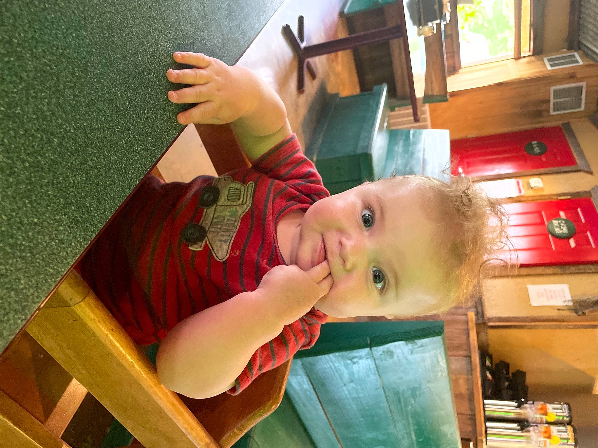 Leland joined the competition — help win amazing prizes! baby, chair, cheek, child, chin, finger, flooring, fun, hairstyle, happy, hardwood, leisure, mammal, mouth, person, play, sitting, smile, table, toddler