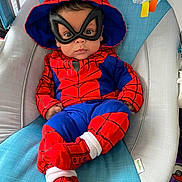 Kayden joined the competition — help win amazing prizes! baby, child, costume, spiderman, mask, hood, red, blue, socks, seat, baby_seat, indoor, cute, infant, portrait, clothing, person, resting, young, casual