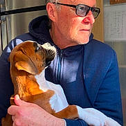 Vicky participe au concours pour gagner de l'argent avec cette photo : adult_male, man, puppy, dog, boxer_dog, holding, hugging, eyeglasses, hoodie, indoor, kitchen, refrigerator, sunlight, portrait, side_profile, hand, lap, cuddle, pet_owner, facial_hair