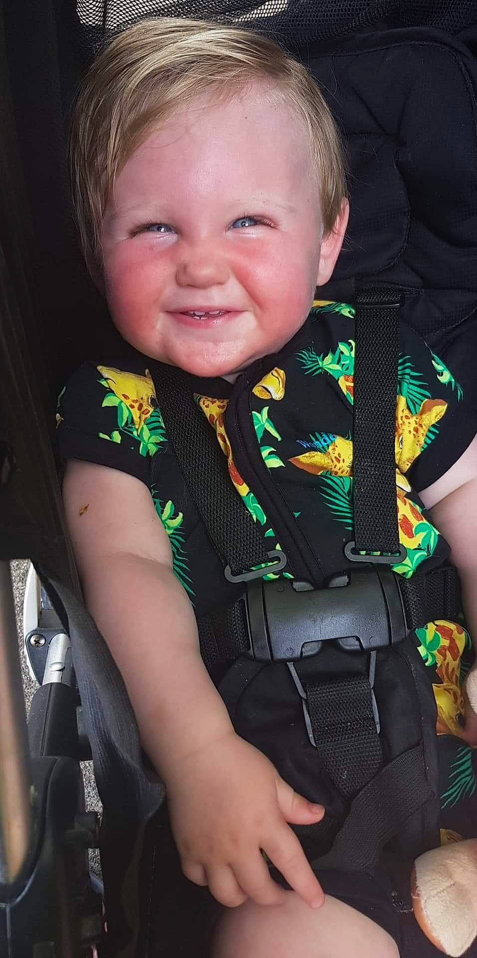 Darcy is registered to the contest to win money with this photo: baby, baby_products, baby_toddler_clothing, blond, cheek, cool, ear, eye, iris, joy, laugh, person, portrait_photography, product, skin, strap, tooth