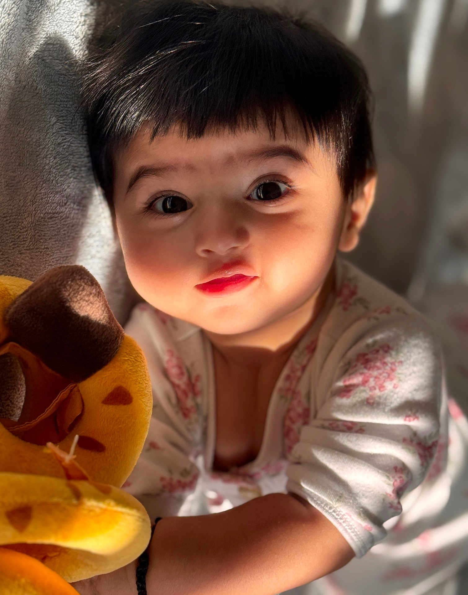 Ashvi joined the competition — help win amazing prizes! arm, baby, child, closeup, clothing, cute, expression, eyes, face, happy, indoors, infant, person, plush_toy, portrait, skin, smile, soft_toy, sunlight, young
