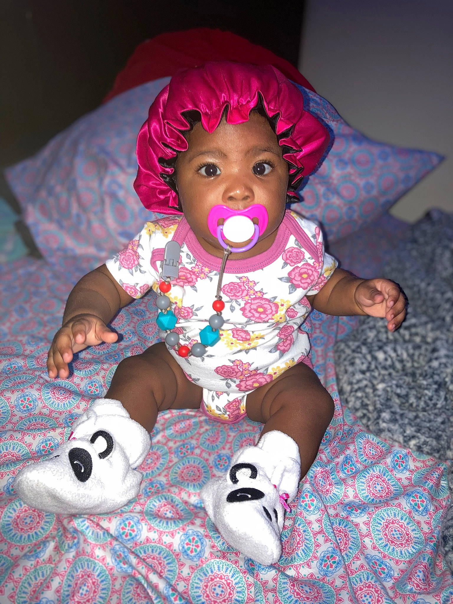 Brooklynn joined the competition — help win amazing prizes! arm, baby, baby_toddler_clothing, carmine, cheek, child, comfort, doll, fun, headwear, magenta, mammal, pattern, person, pink, purple, red, room, sitting, stuffed_toy