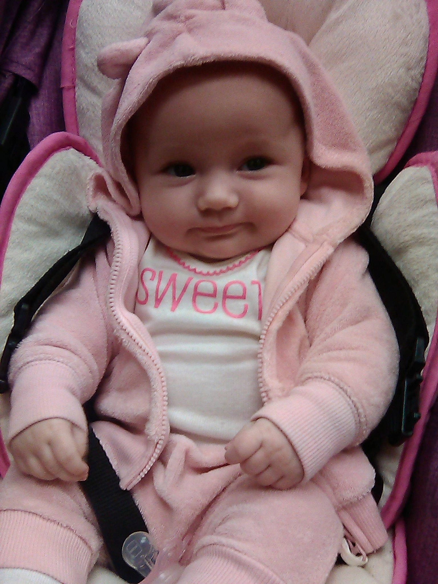 Carrie joined the competition — help win amazing prizes! baby, baby_carriage, baby_in_car_seat, baby_products, car_seat, cheek, child, doll, ear, eye, face, head, hoodie, outerwear, person, pink, product, skin, toddler