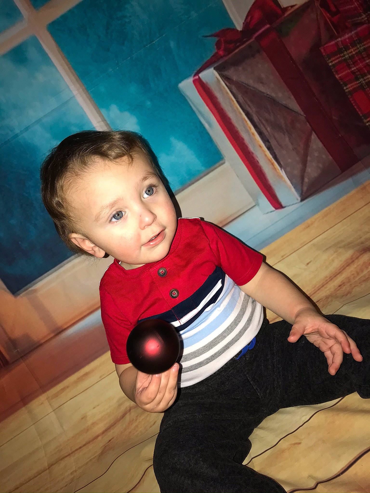 Gannon is registered to the contest to win money with this photo: arm, baby, ball, child, fun, leg, person, play, standing, toddler