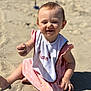 Lyna participe au concours pour gagner de l'argent avec cette photo : child, toddler, baby, sand, beach, smiling, sunlight, pink_dress, bib, playing, happy, sitting, outdoor, summer, barefoot, bracelet, shadow, hand, face, fun