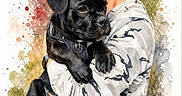 Kaylane participe au concours pour gagner de l'argent avec cette photo : affection, animal, artistic, black_dog, camouflage, casual_clothing, colorful_background, dog, glasses, holding, hoodie, human, indoor, man, pet, portrait, puppy, short_hair, side_view, watercolor_effect