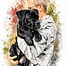 man, puppy, dog, black_dog, hoodie, camouflage, holding, portrait, watercolor_effect, artistic, colorful_background, pet, affection, casual_clothing, short_hair, glasses, side_view, indoor, human, animal