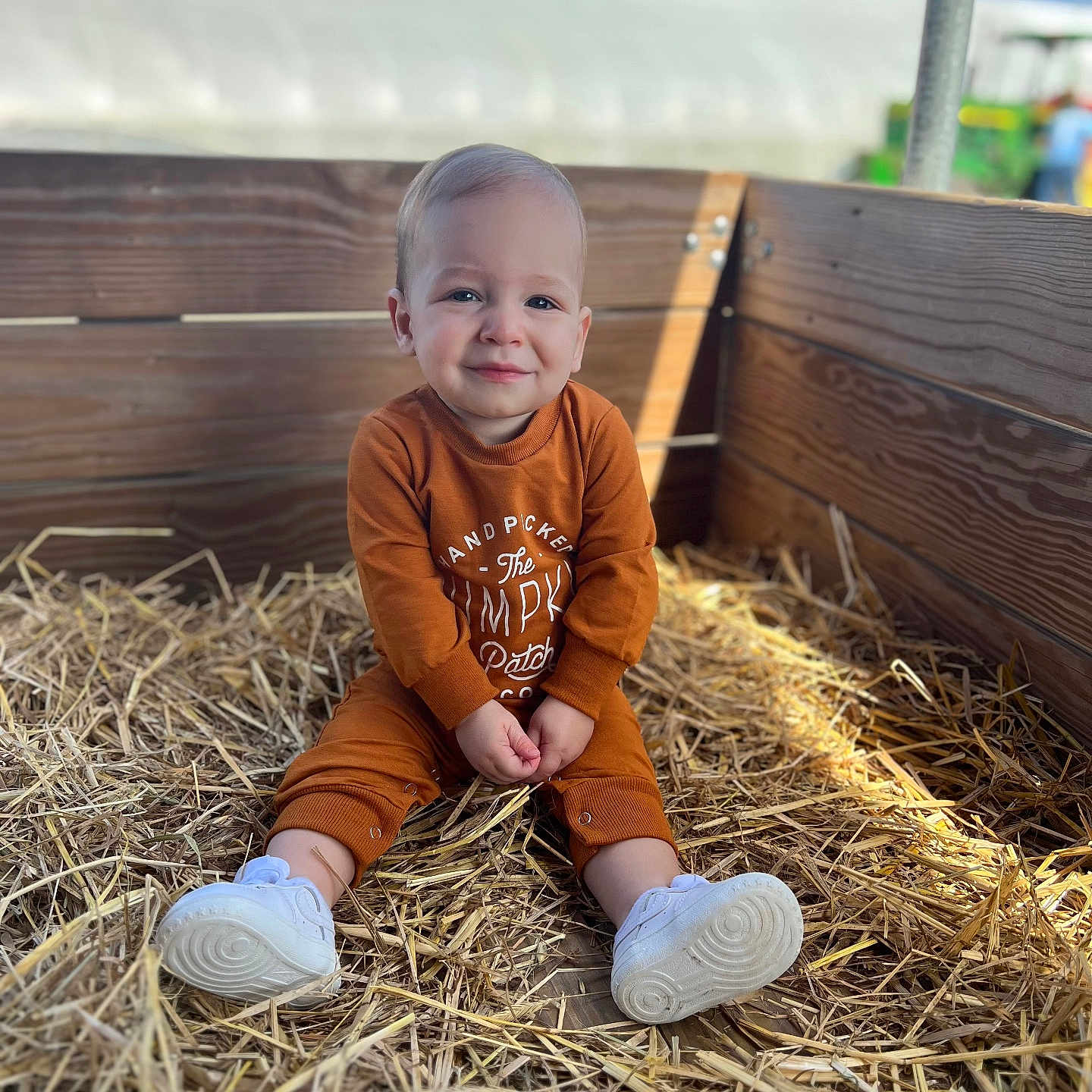 Colton is registered to the contest to win money with this photo: boy, child, clothing, countryside, face, footwear, happy, head, male, nature, outdoors, pants, person, photography, portrait, shoe, sitting, smile, straw, wood