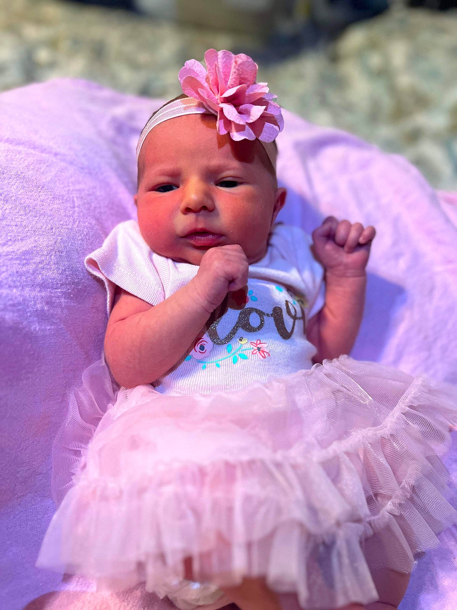 Hadleigh joined the competition — help win amazing prizes! baby, baby_toddler_clothing, child, event, face, fashion_accessory, flower, happy, headband, headpiece, iris, magenta, person, petal, pink, purple, ruffle, skin, toddler, violet
