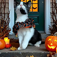 Hadès a rejoint le concours — aidez-le/la à gagner de superbes lots ! autumn_leaves, bat_silhouettes, bells, black_and_white, candle, cat, curious, decorations, door, fall, festive_collar, halloween, holiday, jack_o_lantern, orange_light, outdoor, pet, porch, pumpkin, window