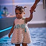 Haisley joined the competition — help win amazing prizes! toddler, child, dress, blue_flowers, holding_hand, carpet, indoor, person, footwear, adult_hand, plush, walking, cute, young_child, home, lighting, portrait, happy, support, baby